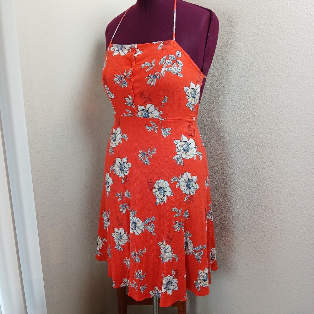 Promesa Square Neck Halter Tie Dress L orange floral summer open back zip